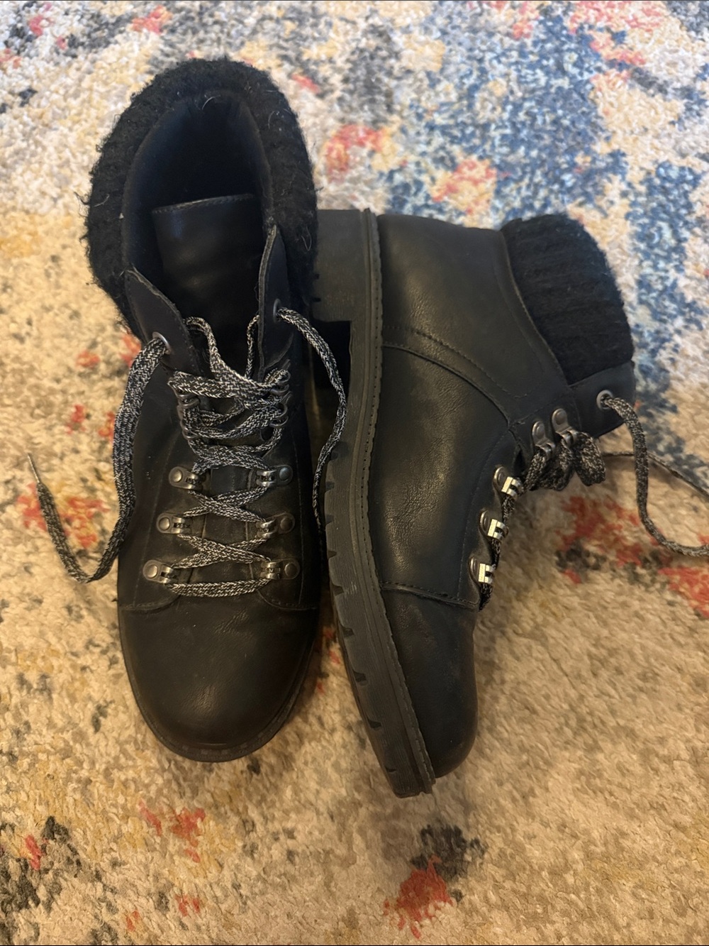 Black Faux Leather Lace-Up Ankle Boots with Knit Collar size 11